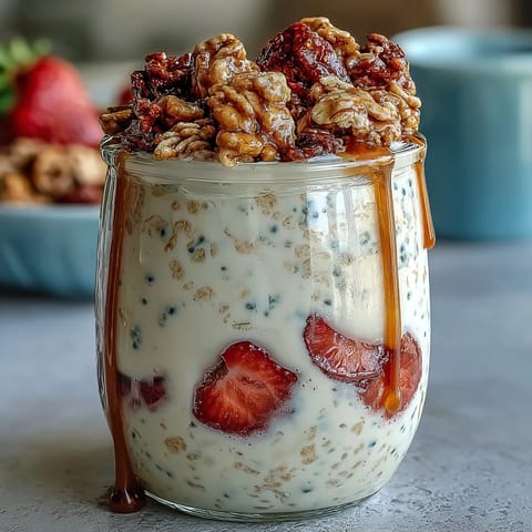 Creamy overnight oats with strawberries, chia seeds, and crunchy granola for a healthy breakfast treat.