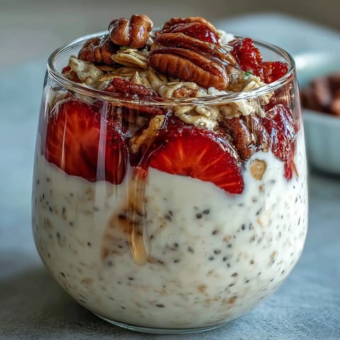 Layered strawberry chia overnight oats topped with granola for a make-ahead, nutritious morning meal.