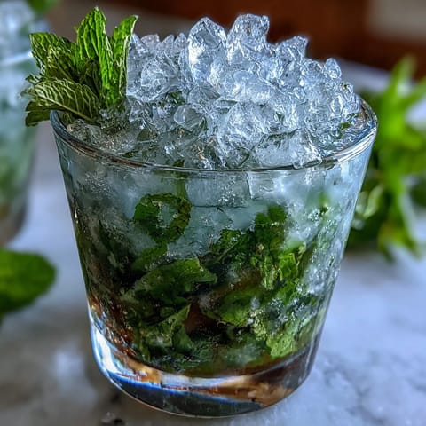 A tall glass of Kentucky Derby Mint Julep Mocktail filled with crushed ice, fresh mint, and sparkling water.