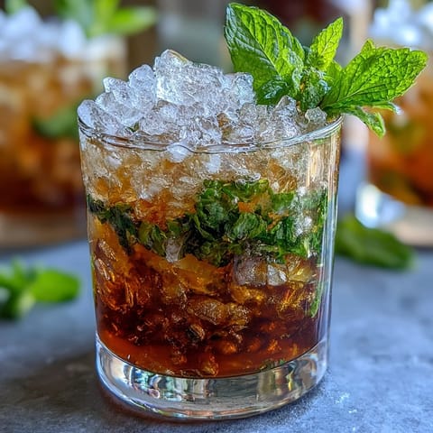 A vibrant non-alcoholic mint julep with crushed ice, fresh mint sprigs, and a refreshing lemon sparkle.