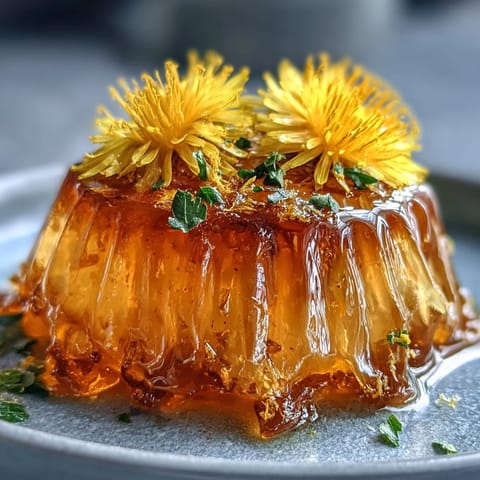 A jar of golden dandelion jelly with fresh lemon and honey, perfect for toast or yogurt.