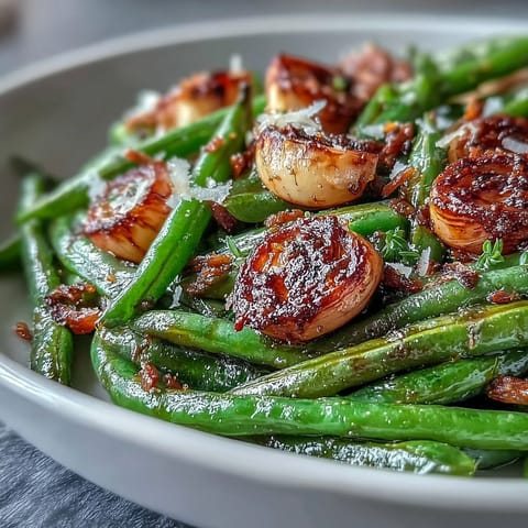Roasted Garlic Green Beans with lemon zest and toasted almonds, a savory Easter side dish.  
