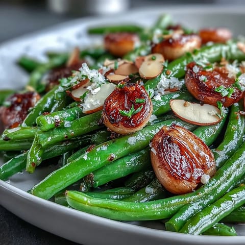 Crispy green beans tossed with caramelized garlic and roasted until tender, perfect for spring meals.  