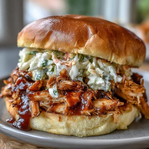 Pulled BBQ chicken sandwiches with tender shredded chicken and tangy coleslaw on soft buns.