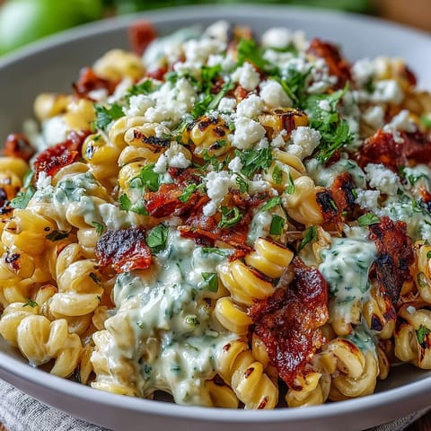 Vibrant elote corn pasta salad with Cotija cheese, sweet charred corn, and zesty lime dressing, perfect for summer gatherings.