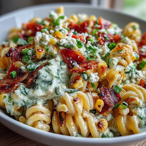 Creamy Mexican street corn pasta featuring smoky paprika, fresh cilantro, and crumbled Cotija, served chilled for a refreshing side dish.