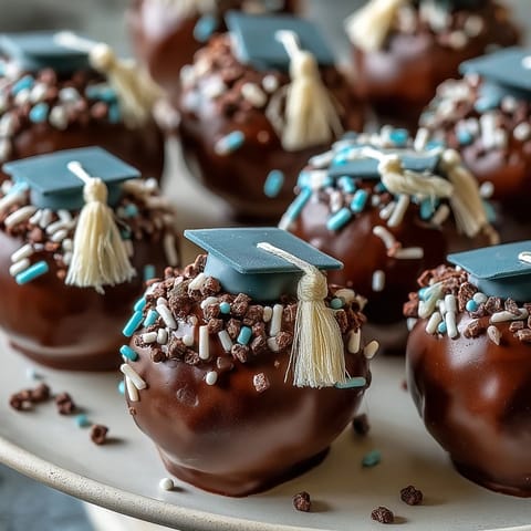 Graduation cake pops in school colors, decorated with festive sprinkles and fondant caps, ready for a celebration.