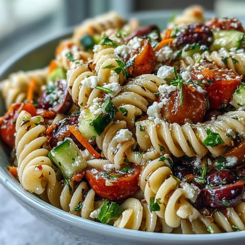 Colorful Memorial Day Pasta Salad with Italian Dressing and crisp veggies.