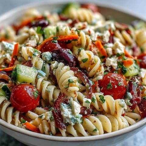 Vibrant Memorial Day Pasta Salad, generously dressed and ready for sharing.