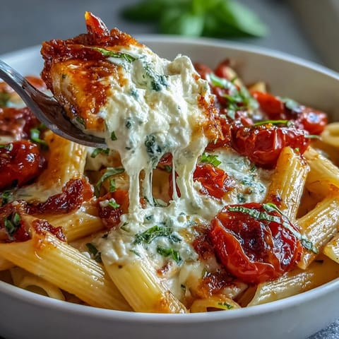 Creamy baked feta pasta with burst cherry tomatoes and fresh basil leaves on a rustic table setting.  