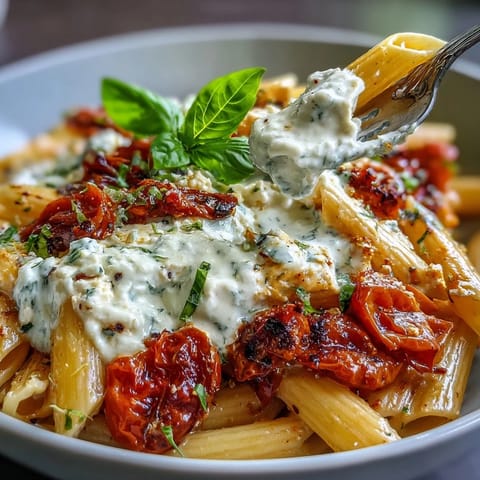 Baked feta pasta with cherry tomatoes and basil in a creamy, golden sauce served in a white bowl.  