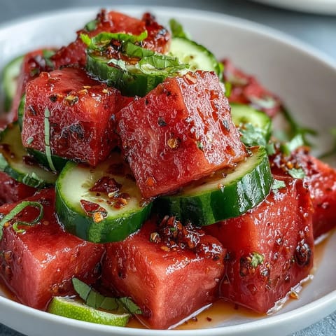 Juicy watermelon cucumber salad with Tajin and lime offers a bright, refreshing summer side dish.