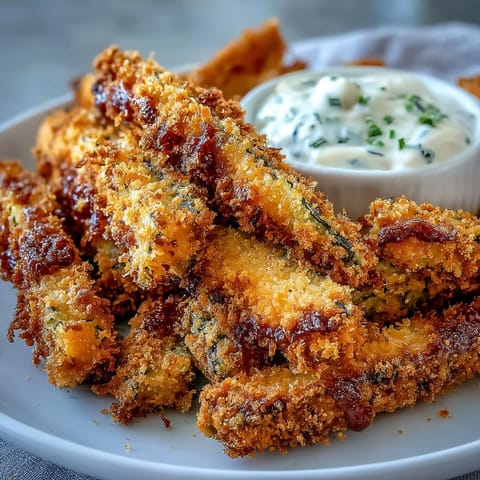 Air-fried pickle fries with creamy, zesty spicy mayo dipping sauce.