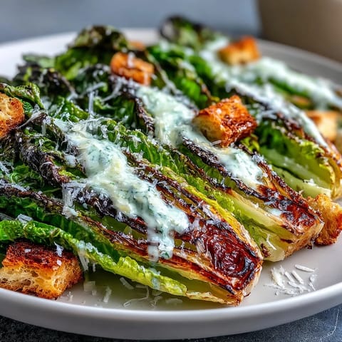 Grilled Caesar salad with smoky charred romaine and creamy dressing.