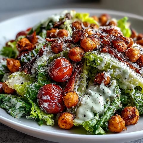 Fresh vegan Caesar salad with hearty, crunchy chickpea croutons and creamy dressing.