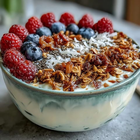 Thick skyr protein smoothie bowl with fresh berries and crunchy granola.