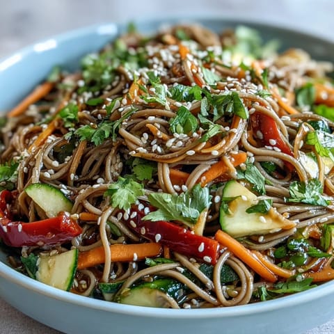 Cold soba noodle salad with sesame ginger dressing, crisp vegetables, and vibrant colors.