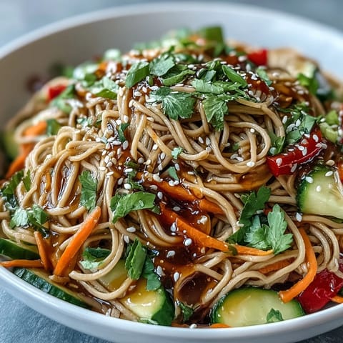 Chilled buckwheat noodles tossed with fresh veggies in tangy sesame ginger dressing.