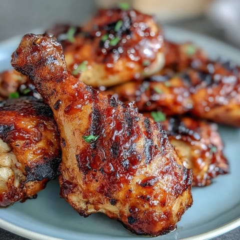 Juicy BBQ chicken drumsticks with spicy peach glaze caramelizing on the grill.