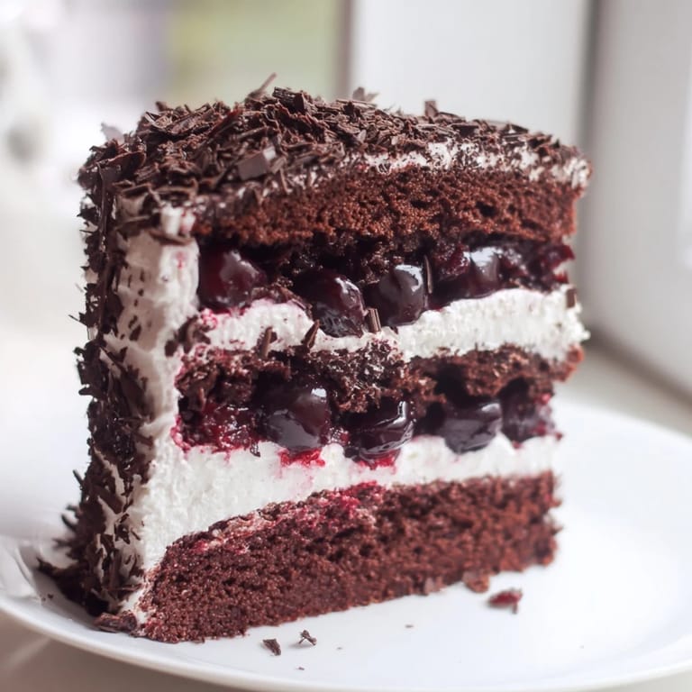 Indulge in this image of a complete Black Forest Cake, layered with cherries and chocolate shavings on top.