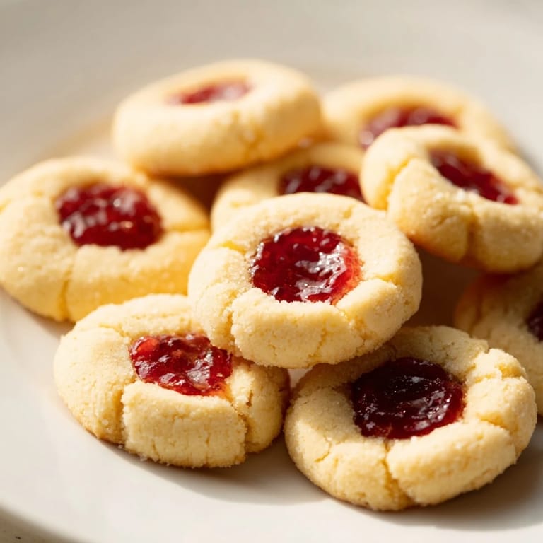 Buttery, tender Thumbprint Cookies: a close-up that highlights the vibrant red strawberry jam in each one.