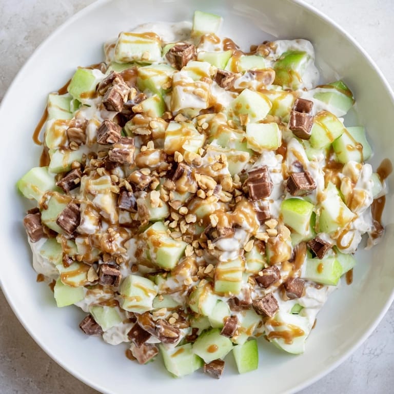 This sweet Snickers Salad features a luscious pudding base with hidden pieces of Snickers.