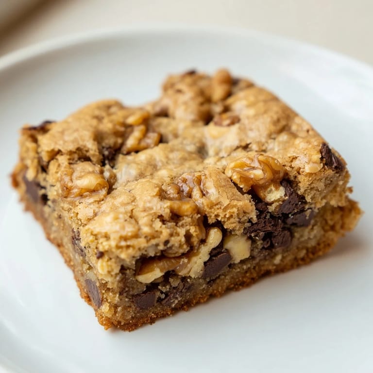 Warm blondies served on a plate, featuring melty chocolate chips and a delightful, sweet taste.