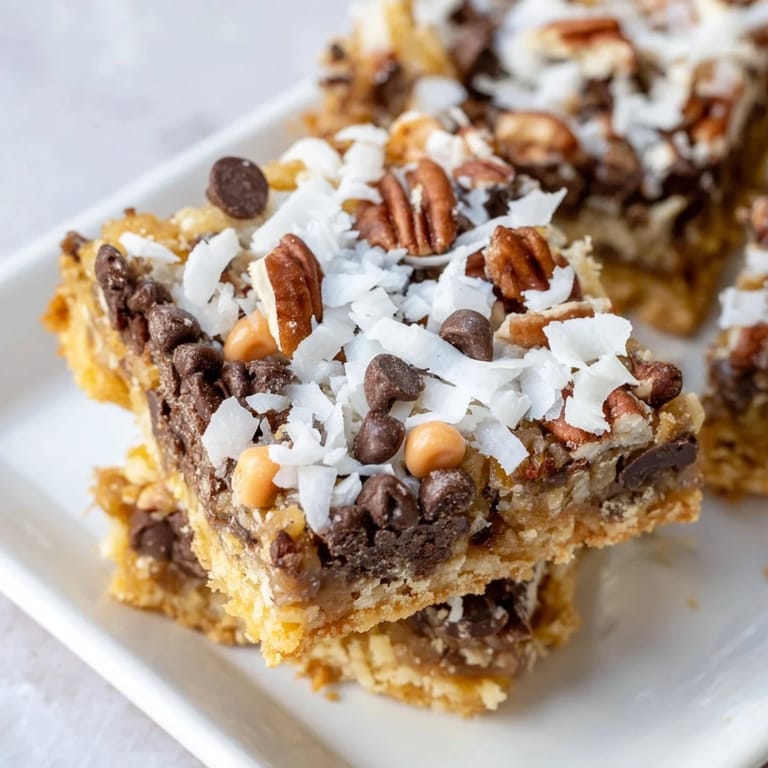 This image shows a freshly baked pan of Magic Cookie Bars, ready to be sliced and enjoyed.