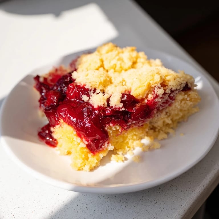 This easy dump cake recipe showcases a golden, buttery crust with a warm fruit filling inside.