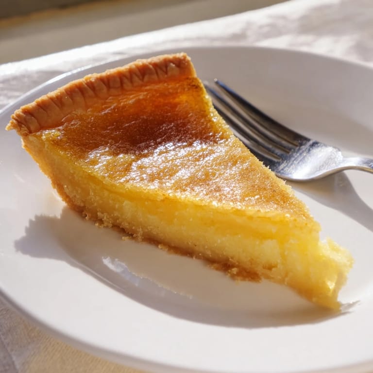 A slice of Chess Pie, showcasing the perfectly set custard and flaky, golden crust, delicious!