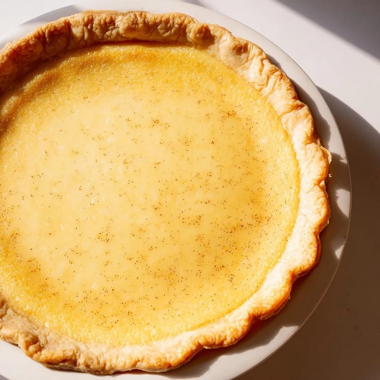 Warm, sweet aroma of nutmeg rises from a freshly baked Buttermilk Pie, ready to enjoy.