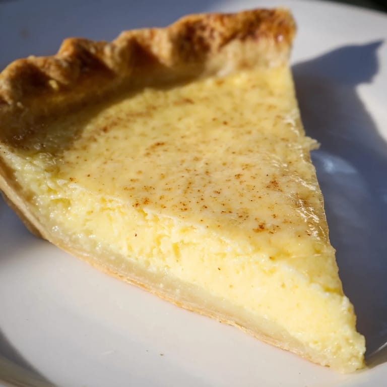 Slice of rich and creamy Buttermilk Pie, a Southern classic, ready to be served.