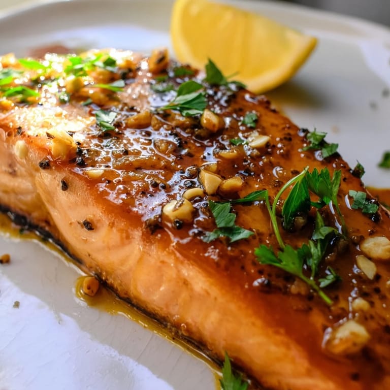 Tender, flaky honey garlic glazed salmon brushed with buttery sauce, ready to serve hot with lemon wedges and a sprinkle of fresh herbs.
