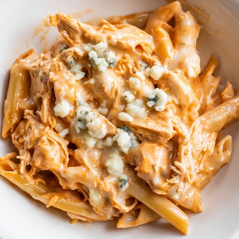 A skillet of Buffalo Chicken Pasta, tender shredded chicken coated in a rich, spicy orange sauce with melted mozzarella.