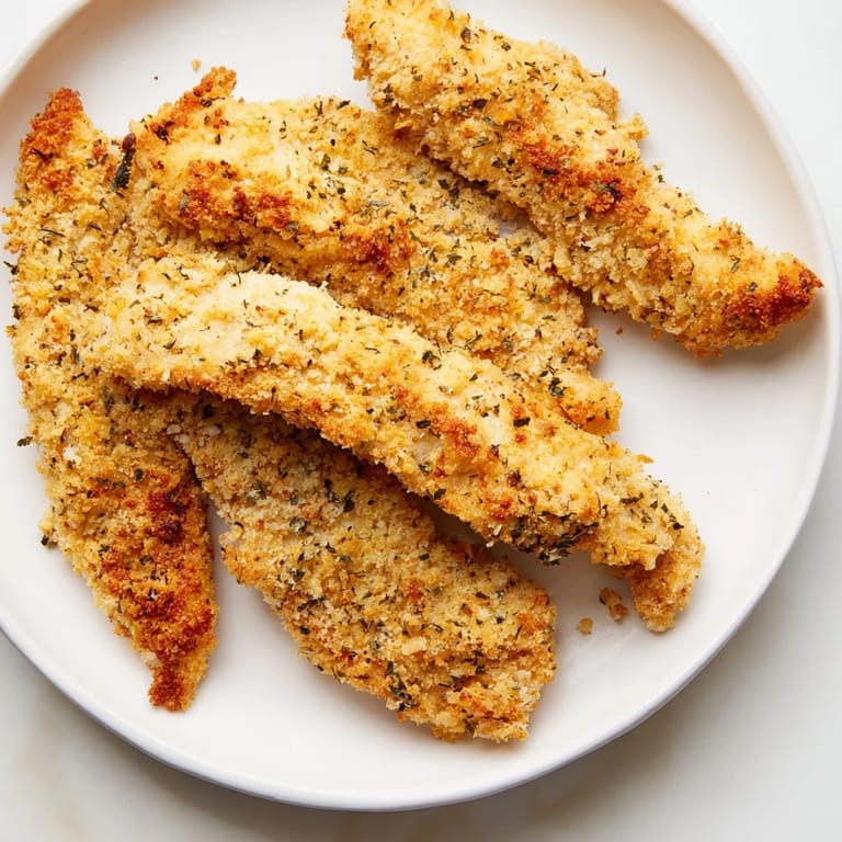 A close-up of Crispy Panko Chicken Strips highlights the texture, paired with creamy honey mustard dipping sauce.