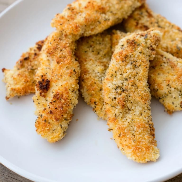 Oven-baked Crispy Panko Chicken Strips arranged on parchment paper, served fresh with a side of tangy ranch.