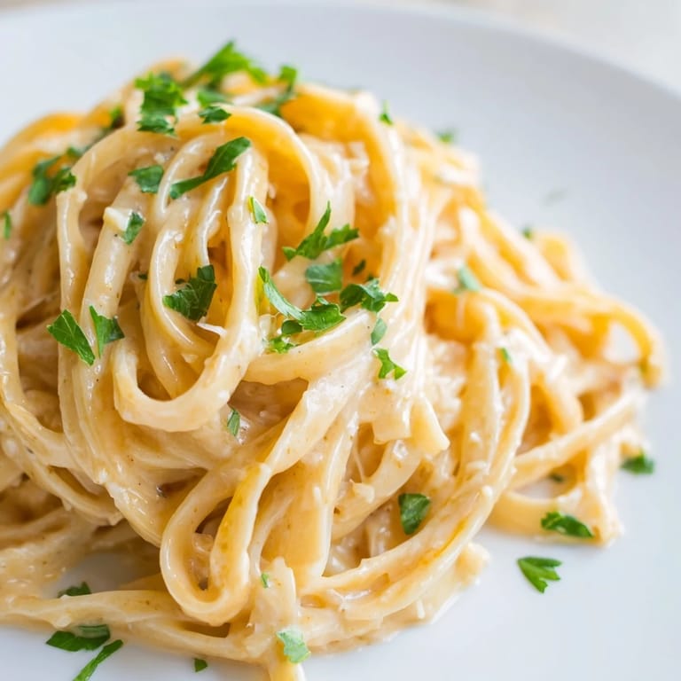 Rich, glossy sriracha honey pasta served on a white plate with fresh parsley garnish and extra parmesan.