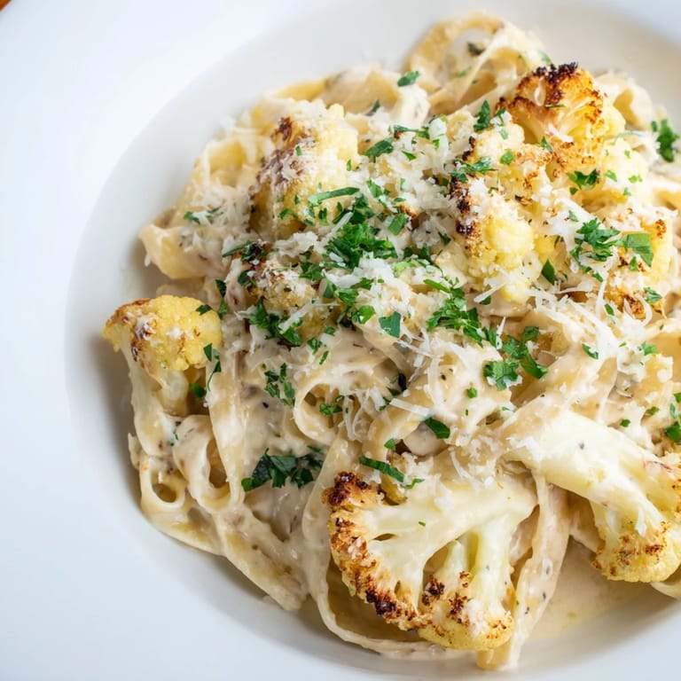 Roasted Cauliflower Alfredo pasta in a white bowl, creamy sauce clinging to noodles with a sprinkle of black pepper.
