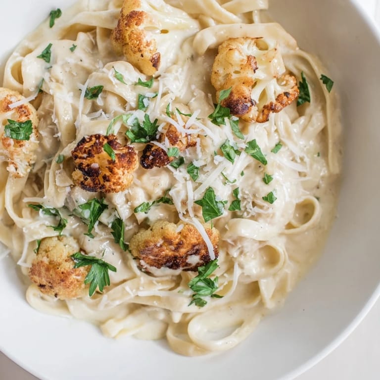 A skillet of Roasted Cauliflower Alfredo served hot, with golden roasted cauliflower florets blended into the rich sauce.