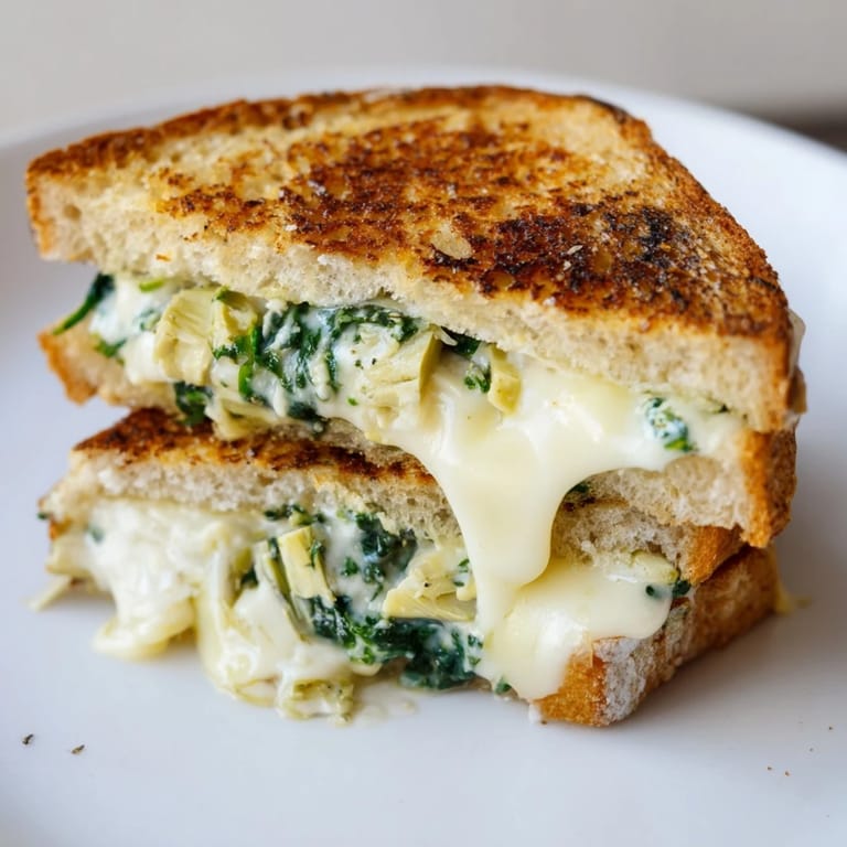 A close-up of Spinach Artichoke Grilled Cheese with crispy sourdough crust, melted mozzarella, and vibrant green spinach.