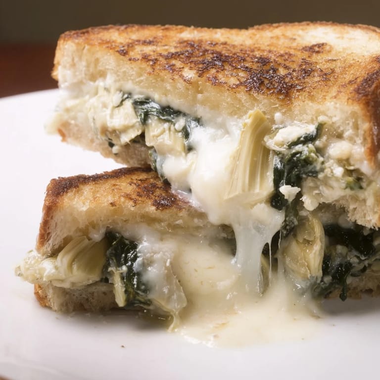 Sizzling Spinach Artichoke Grilled Cheese cooking in a skillet, golden buttery bread with a cheesy, artichoke-filled center.