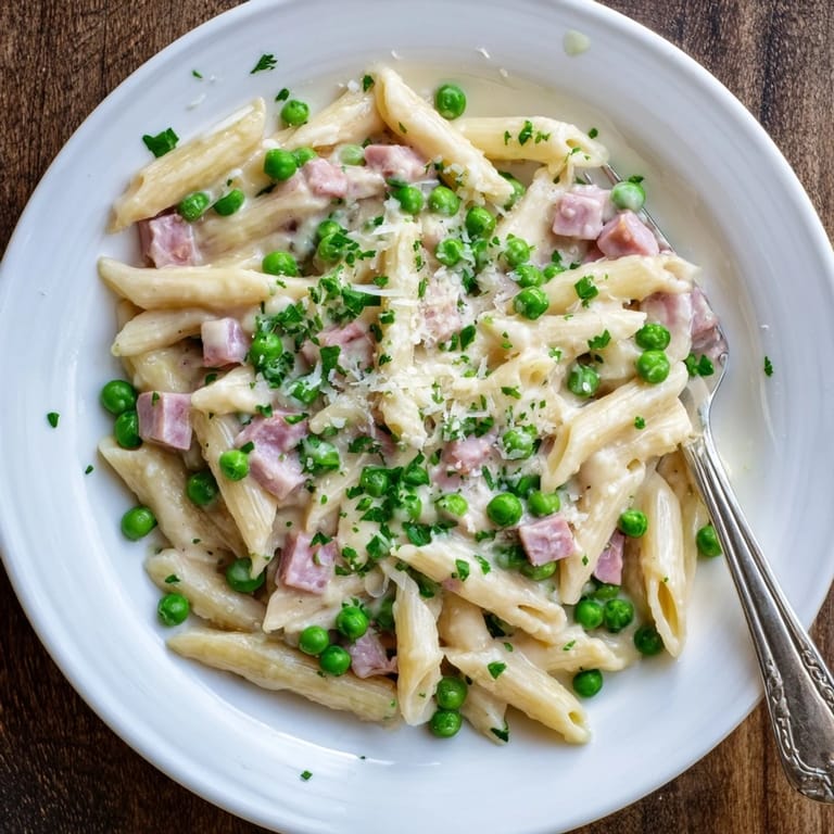 Spring Pea & Ham Pasta features al dente penne coated in a rich cream sauce with tender green peas.