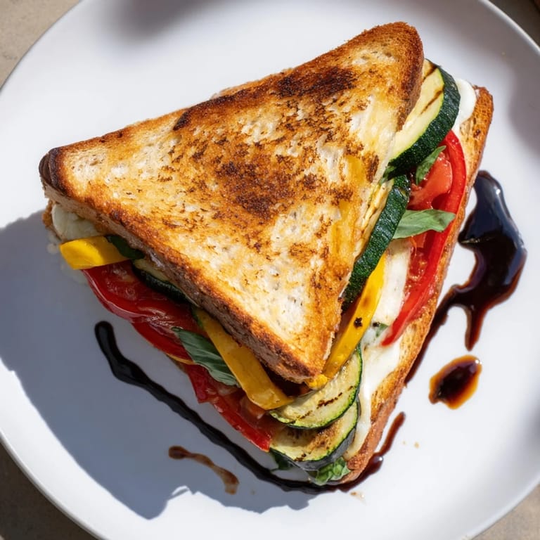 The Roasted Veggie Caprese Grilled Cheese features melted mozzarella, caramelized vegetables, and basil pressed between buttery, toasted Italian bread slices.