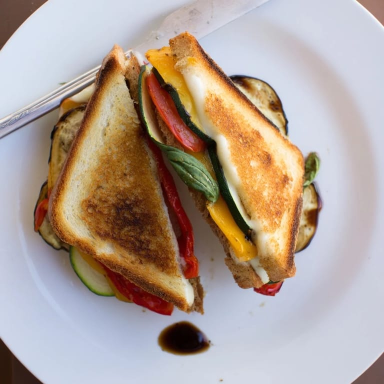 Serve the Roasted Veggie Caprese Grilled Cheese hot, revealing gooey mozzarella and bright tomatoes beside a drizzle of balsamic glaze.