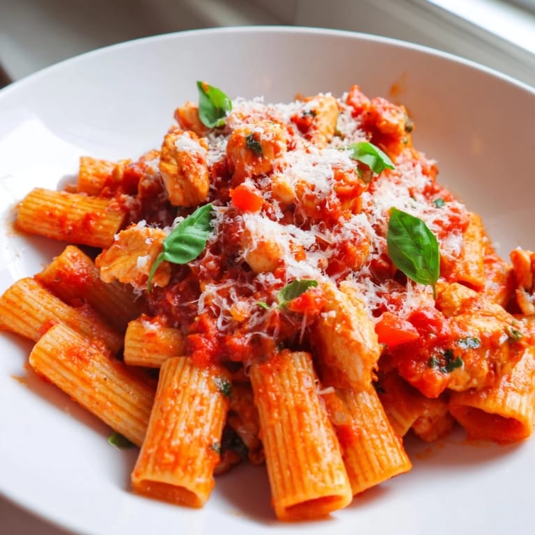 Serving of Tomato Basil Chicken Pasta garnished with fresh basil and grated Parmesan on a rustic wooden table.