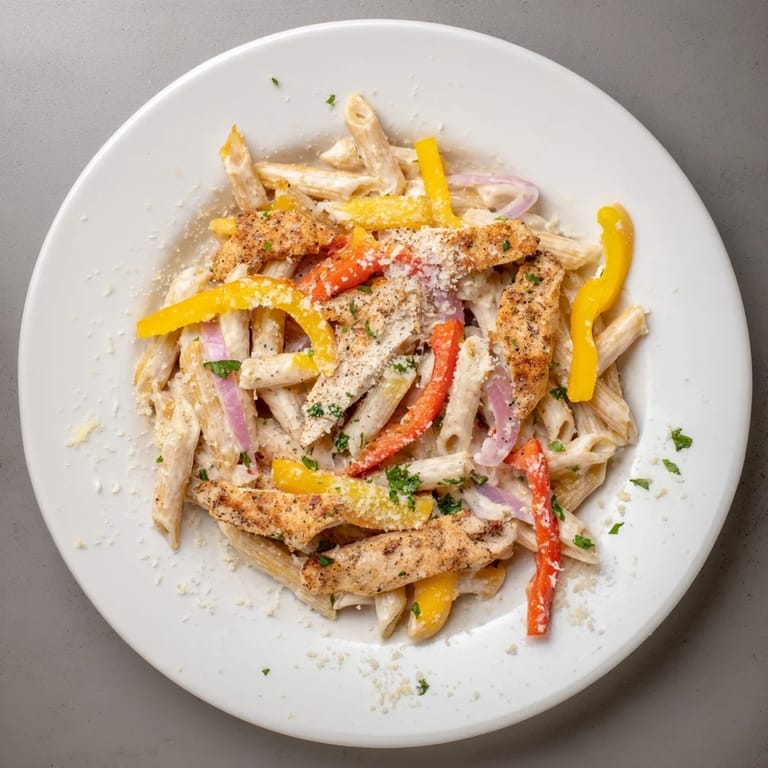 A healthy portion of Creamy Cajun Chicken Pasta Lite garnished with fresh parsley, served alongside a simple green salad for balance.