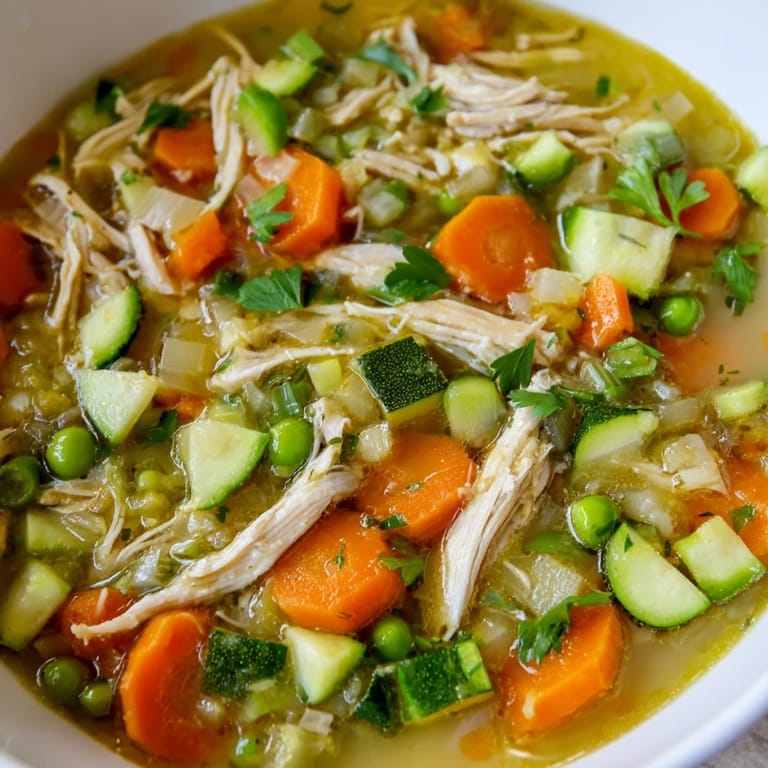 A comforting pot of Spring Garden Chicken Soup simmering with zucchini, celery, and parsley, ready to ladle into warm bowls.  