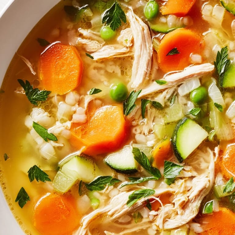 Close-up of Spring Garden Chicken Soup garnished with fresh herbs, featuring bright vegetables and juicy shredded chicken in golden broth.