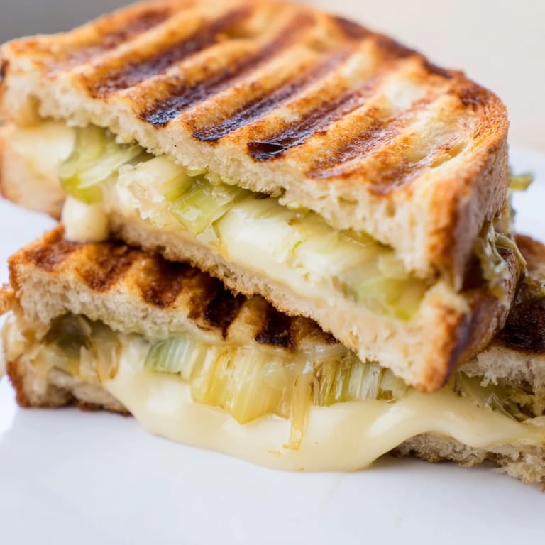 Close-up of Havarti & Caramelized Leek Grilled Cheese showing gooey melted cheese and caramelized leeks on golden sourdough.
