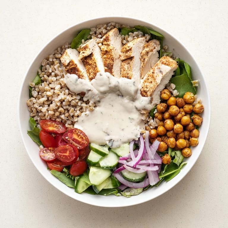 Lemon Tahini Chicken Power Bowl with tender roasted chicken, golden chickpeas, cucumber, tomatoes, and a creamy lemon-tahini sauce over wholesome farro.